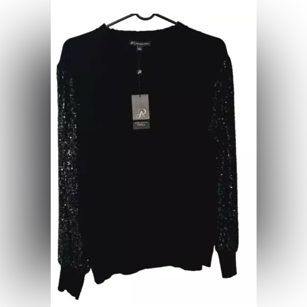Adrianna Papell Women’s Mock Ruffle Neck Sequin Sleeve Sweater-Size L-Black-NWT